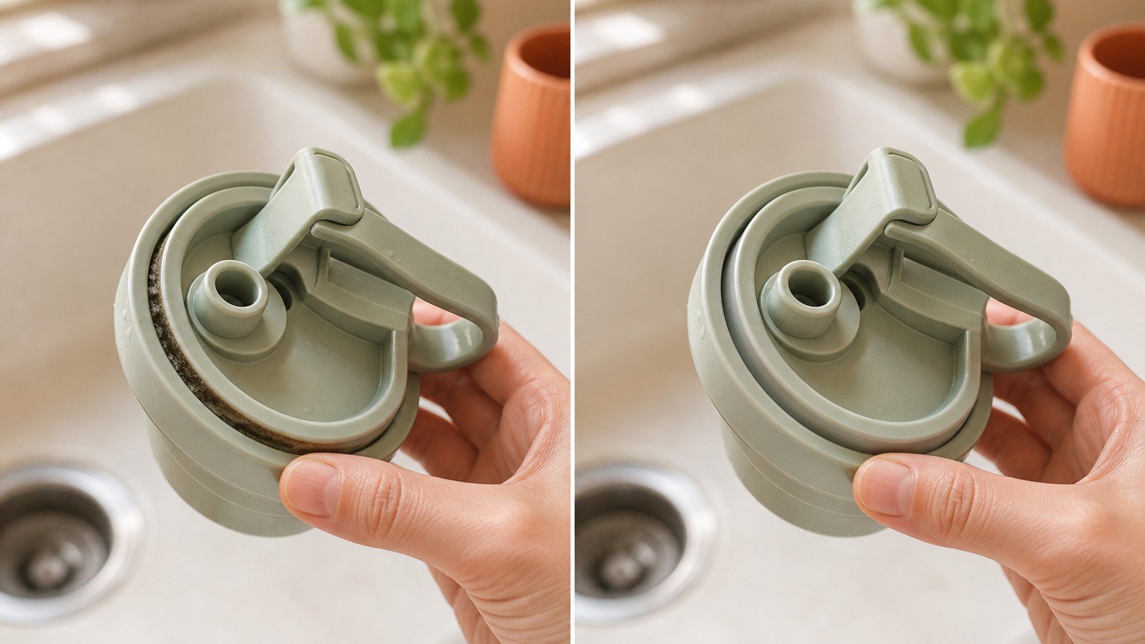 Cup lid seam before and after detail cleaning