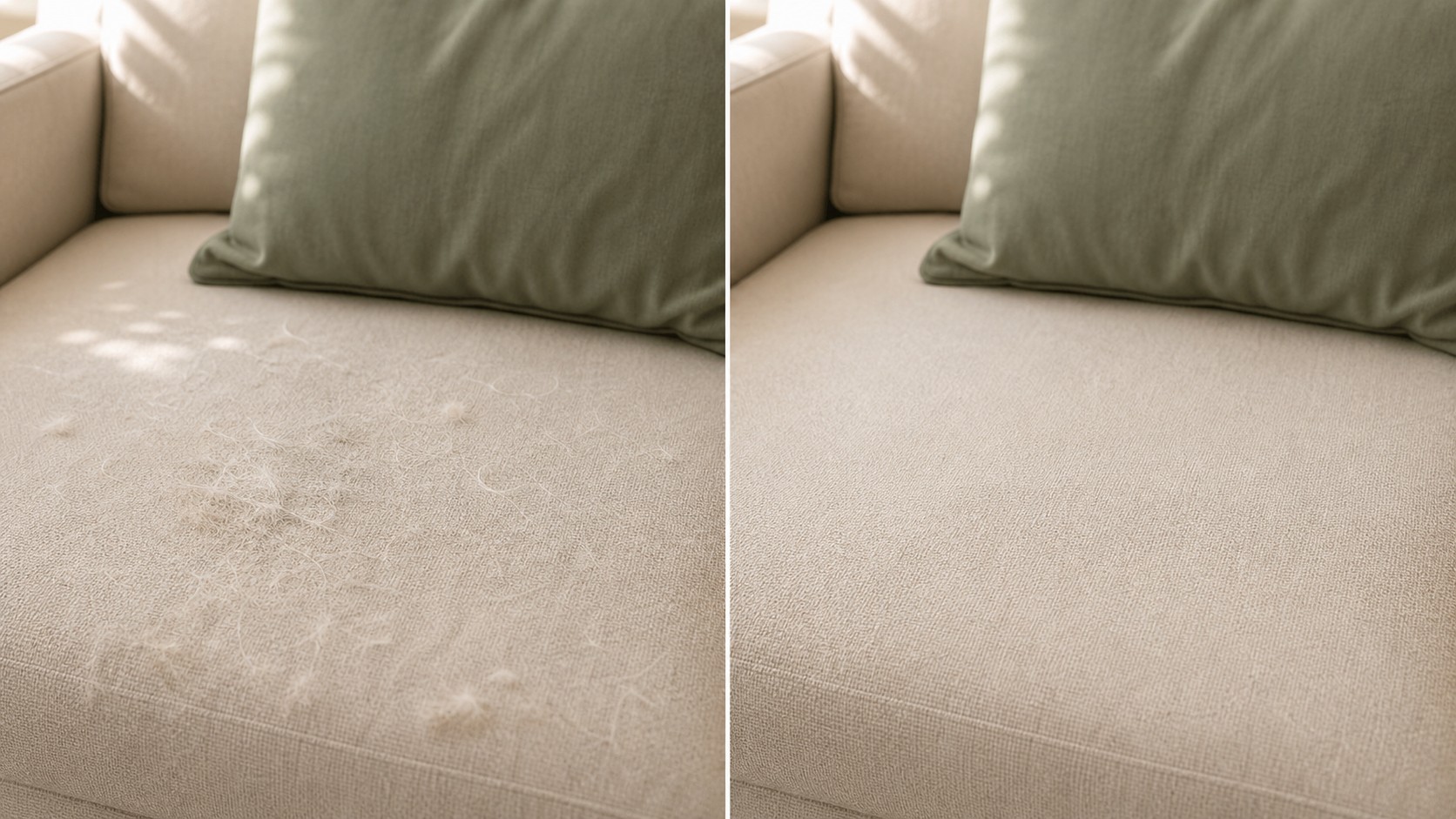 Fabric sofa before and after pet hair removal