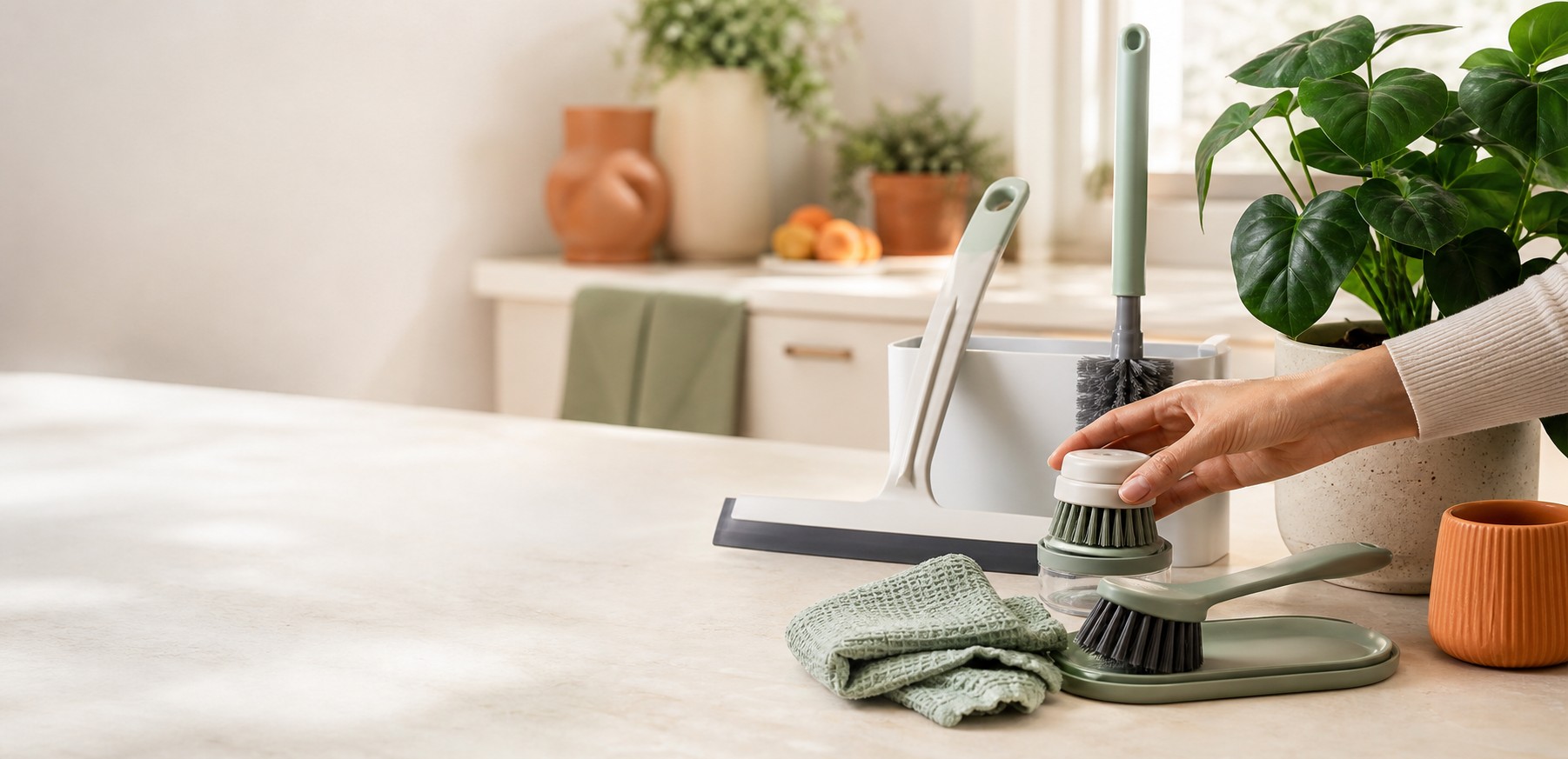 Simple everyday tools arranged on a bright home counter